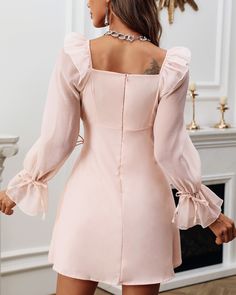 Size: S,M,L;Style:SweetType:A LineMaterial:PolyesterNeckline:Square NeckSleeve Style:Long SleeveLength:MiniPattern Type:PatchworkDecoration:Eyelet,Lace-up,Flared Sleeve,Ruffle Hem,MeshFit Type:RegularOccasion:DailyPackage Include:1* Dress Dress With Flared Sleeves, Long Sleeve Denim Dress, Fancy Short Dresses, Mixed Print Dress, Mini Dress Outfits, Long Sleeve Knit Dress, Ruffle Hem Dress, Eyelet Dress, Hottest Fashion Trends