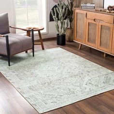 a living room area with a rug, chair and potted plant