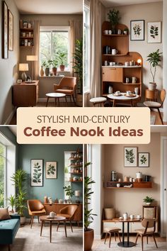 This pin showcases 10 stylish mid-century modern coffee nook ideas featuring clean lines, inviting plants, and cozy seating arrangements. Get inspired with images that highlight the essence of mid-century charm for your coffee breaks. Unique Shelving, Unique Shelves, Nook Ideas, Cozy Seating, Wood Tones