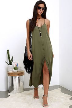 Friday I'm in Love Olive Green Maxi Dressat Lulus.com! Casual Solid Maxi Dress With Button Closure, Casual Long Dress With Buttons, Casual Long Dress With Button Closure, Long Casual Dress With Button Closure, Casual Long Maxi Dress With Buttons, Green Button-up Maxi Dress For Beach, Summer Solid Button-up Maxi Dress, Summer Maxi Dress With Button Closure For Day Out, Solid Button-up Maxi Dress For Summer