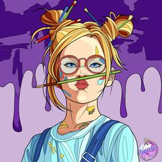 a painting of a girl with glasses and paint splatters on her face, in front of purple background