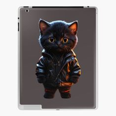 a black cat wearing a leather jacket and standing in front of a gray background ipad case / skin