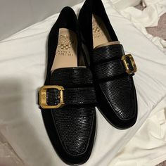 New Without Box, No Flaws. Never Worn. Size Us 6.5m Women’s. Vince Camuto Cenkanda Loafers. Black Color With Gold Buckle Accent. A Classic Loafer Style With An Almond Toe In A Mix Of Leather And Suede Material Combo. Cenkanda Has An Almond Toe Shape With Belting Detail Across The Front Finished Off With A Logo Embossed Buckle. The Footbed Is Lightly Padded For Comfort, And The Heel Has A Treaded Rubber Tap For Increased Traction Size 6.5m, 37 European - True To Size. Elegant Black Flats With Buckle Closure, Black Loafers With Buckle Closure And Almond Toe, Black Almond Toe Loafers With Buckle Closure, Black Suede Flats For Formal Occasions, Elegant Black Loafers With Buckle Closure, Elegant Black Moccasins For Fall, Elegant Black Fall Moccasins, Black Suede Moccasins For Workwear, Black Pointed Toe Moccasins For Office