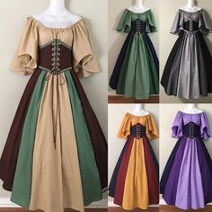 Time travel back to times of old and relive the renaissance in this gorgeous medieval style dress! Perfect for renaissance fairs, cosplay, LARP, and other creative occasions! Choose from a variety of colors. Material: Chiffon; High Quality Polyester Fiber Available Sizes: S, M, L, XL, XXL, XXXL, 4XL Available Colors: Purple, black, green, khaki+brown+green, yellow+red+dark blue Product Features: Lace-up bust, lace, flowing sleeves Recommended Occasions & Uses: Pagan clothing, wiccan fashion, wit Vampire Ball Gown, Medieval Costume Women, Halloween Corset, Gothic Corset, Medieval Costume, Medieval Dress, Medieval Fashion, Outfit Trends, Vestidos Vintage