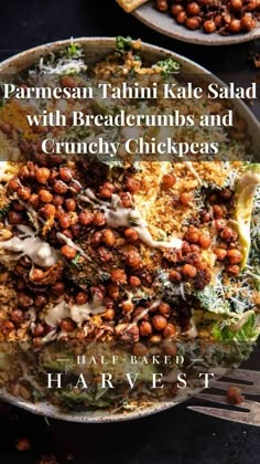 parmesan tahinii kale salad with breadcrumbs and crunchy chickpeas