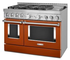 an orange oven with two burners on the front and one in the back, against a white background