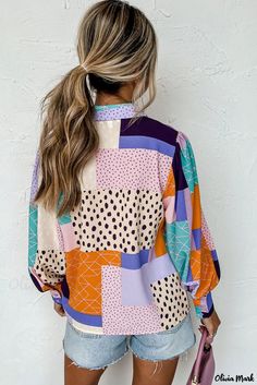 Olivia Mark - Short Sleeve Button-Front Shirt with Mixed Prints and Cuffed Sleeves Lisa Fischer, Autumn Wardrobe, Cuffed Sleeve, Spring Style, Pattern Mixing, Button Front Shirt, Mixing Prints, Classic Silhouette, Lantern Sleeves