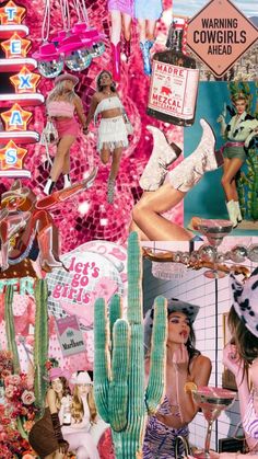 a collage of various images including cactus, woman in pink dress and other items