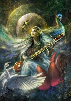 a painting of a woman sitting on top of a bird with a guitar in her hand