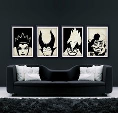 three black and white paintings hang above a couch