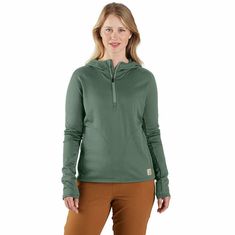 Feel Carhartt comfortable when work or adventure takes you outside. This half-zip women's tech hoodie feels warm, manages sweat, and fights odors to get you through your busy day. Zip pockets secure essentials. A relaxed fit gives you plenty of room to move. Features7.1-ounce, 94% polyester/6% elastane grid fleeceCarhartt Force® fights odors and FastDry® technology wicks away sweat for comfortElastic multi-panel hood to ensure great fitZipper garage at top of front zipperTwo Front side-seam pock Half Zip Long Sleeve, Tech Hoodie, Carhartt Womens, Carhartt Women, Womens Fleece, Hooded Pullover, Hoodie Top, Half Zip, Jacket Tops