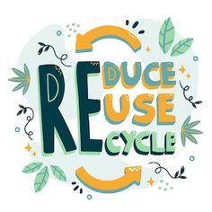 the words reduce use cycle are surrounded by leaves and stars in green, orange, and blue colors