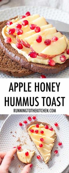 an apple honey hummus toast with pomegranates on top is shown