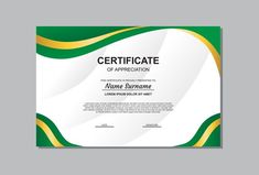 certificate template with green and yellow wavy lines on the front, white back and gold trim around the edges