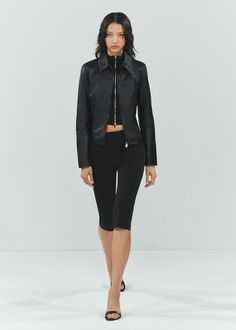 100% leather fitted jacket - Woman | MANGO USA Sleek Leather Jacket With Concealed Placket For Office, Spring Leather Jacket With Zip Cuffs For Work, Leather Jacket With Zipper Closure For Work, Fitted Collared Biker Jacket For Fall, Chic Fitted Biker Jacket For Evening, Sleek Fitted Leather Jacket For Fall, Chic Fitted Leather Jacket, Chic Collared Biker Jacket For Work, Chic Fitted Leather Jacket With Zipper