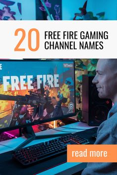 A gamer playing Free Fire on a PC monitor with intense in-game action, promoting 20+ unique Free Fire gaming channel name suggestions for YouTube creators. Name Suggestions, Name Games, Unique Names