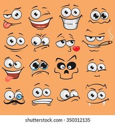 cartoon faces with different expressions and eyes on an orange background, set of various emotions