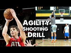 two men playing basketball on a court with the words agility shooting drill above them