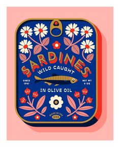 an illustration of sardines wild caught in olive oil on a pink and blue background