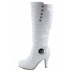 Round toe design Buckle Finished with cushioned insole side zipper closure for easy on/off Faux Leather Heel Height: 3.75" with 0.5 platform (approx) shaft length:17" (approx) including heel top opening circumference: 14.5" (approx) Color: White.  Gender: female.  Age Group: adult. Platform Boots White, High Heel Platform Boots, Top Moda, Black Platform Boots, Boots White, High Heel Platform, Faux Leather Heels, Beautiful Boots, Toe Designs