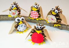 four pine cone owls sitting on a branch