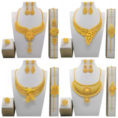 Include: Necklace, Bracelet,Earrings, Right (Ring is adjustable) Material : ZInc Alloy with Gold-Plated Enhance your style with the captivating beauty of this African Gold Necklace Jewelry Set. The set features a stunning combination of African-inspired design and the elegance of 24K gold. Handcrafted with care, each piece showcases the artistry and craftsmanship of African gold jewelry. The necklace jewelry set includes a statement Africa necklace that adds a touch of cultural richness and symbolism. The 24K gold accents elevate the set, exuding luxury and sophistication. Whether you're attending a wedding or a special event, this fashionable set will make you stand out with its timeless appeal. The handcrafted details ensure exceptional quality and style. Embrace the allure of African fa Gold Alloy Jewelry, Plated Alloy Jewelry Sets For Gifts, Metal Bridal Sets As Gift, Wedding Alloy Plated Jewelry Sets, Gold Alloy Costume Jewelry, Gold Alloy Wedding Jewelry, Gold Costume Jewelry Made Of Alloy, Gold Metal Bridal Sets As Gift, Gold Metal Bridal Sets For Gift