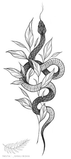 a black and white drawing of a snake on top of a leafy tree branch