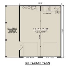 the first floor plan for a garage with an additional living room and laundry area in it