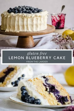 lemon blueberry cake on a white plate with the text gluten free lemon blueberry cake from the ladder