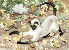 a painting of a siamese cat playing with leaves and acorns on the ground