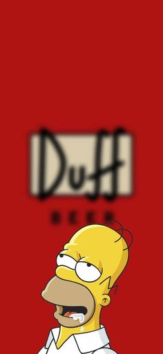 the simpsons character is standing in front of a red background with black letters on it