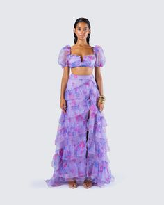 The princess is here 👑 With a look that will have everyone bowing down to you, this two-piece set features a purple floral cropped top paired with a matching organza maxi skirt 💜 Festive Purple Floral Embroidered Sets, Purple Sets With Floral Embroidery, Purple Skirt Set, Bohemian Purple Sets, Purple Floral Embroidered Festival Sets, Black Off Shoulder, Aesthetic Fits, Graphic Top, White Jersey