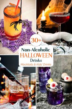 halloween drinks with the words 30 non - alcoholic halloween drinks on top and below them