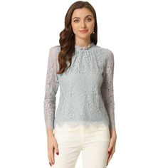 Add a bit of femininity to your look with the ruffle round-neck lace top. It features a long sleeve form, a ruffle neck, and lace fabric. It perfectly matches everyday jeans and skirts for a weekend casual look. A lace top puts a feminine spin on any day or night look with a charming feminine silhouette. Good options for parties, sweet dating, shopping, festivals, banquets, office outfits, casual wear, and daily outfits. Fall Lace Top With Ruffles, Long Sleeve Lace Blouse With Ruffles, Elegant Crew Neck Lace Top For Fall, Elegant Long Sleeve Lace Top With Ruffles, Elegant Long Sleeve Lace Top, Long Sleeve Blouse With Lace Collar For Layering, Lace Top With Ruffled Collar For Fall, Elegant Lace Top With Ruffled Collar, Chic Long Sleeve Lace Top With Ruffles