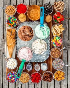 an overhead view of ice cream and desserts