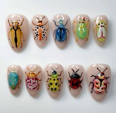 Nail Inspo Press On, Bug Nail Art Designs, Bugs Nail Art, Bug Nail Designs, Bug Nails Art, Slug Nails