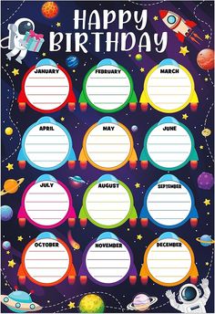 a birthday calendar with space theme on it