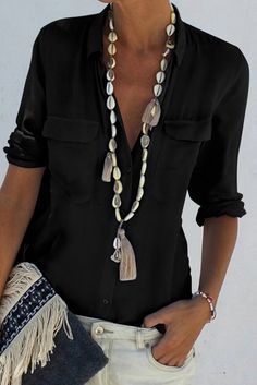 Black Turn-down Collar Pocketed Button Shirt Black Long Sleeve Shirt For The Beach, Black Button-up Beach Top, Black Beach Shirt With Pockets, Black Collared Beach Blouse, Black Collared Blouse For Beach, Casual Black Blouse With Pockets, Black Beach Tops With Pockets, Cheap Blouses, Plain Blouse