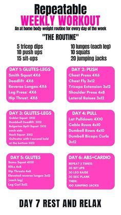 a pink poster with the words, repeable weekly workout and instructions on it