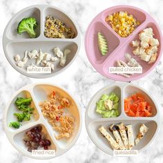 four plates with different foods in them on a marble countertop, including broccoli, cauliflower, and chicken