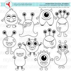 monsters digital stamp set with different faces and eyes