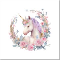 the unicorn is surrounded by pink roses and greenery with a wreath around it's head