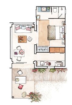 the floor plan for a small apartment with an attached bedroom and living room, as well as two separate rooms