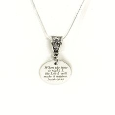 "This beautiful necklace has a laser engraved stainless steel heart pendant on a sterling silver plated snake chain. The pendant has \"When the time is right, I the Lord will make it happen\" from Isaiah 60:22. This would be a great gift to give someone that is working toward a major goal! This item contains small pieces and is not intended for children under the age of 14. Need your order fast? Request a Rush Order: https://www.etsy.com/listing/532269819/rush-order-upgrade-to-1-day-processing?r Isaiah 60 22, Bible Verse Jewelry, Bible Verse Necklace, Scripture Jewelry, Scripture Gift, Hamsa Earrings, Hamsa Jewelry, Bible Verse Gifts, Christian Necklace