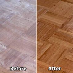 the before and after of a wood floor cleaning project in an area that has been cleaned