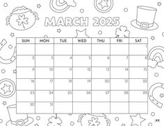 the march calendar is shown in black and white with doodles on it, as well as