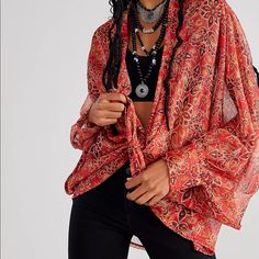 Add A Lightweight Layer To Your Look With This So Stunning Kimono Featured In A Semi-Sheer Fabrication And Long-Sleeve Silhouette With An Allover Paisley Print Design And Adjustable Tie-Front Detailing. Open Front Billowy Style Cinched Sleeves Made In India Wrap Blouse For Festivals, Paisley Print Design, Solid Hoodie, Boho Crop Tops, Plaid Pullover, Printed Tunic Dress, Boho Shirts, Sleeveless Tunic, Boho Crochet