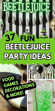 an advertisement for beetlejuice party with green liquid and decorations on the table in front