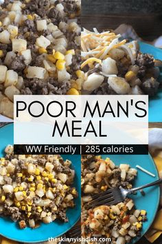 the meal is prepared and ready to be eaten with text overlay that reads poor man's meal w / friendly 123 calories