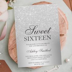 a silver glitter sweet sixteen birthday party card